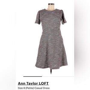 Loft Ann Taylor shimmer Short Sleeve tweed Red Pink Black Dress, sz 8 petite
